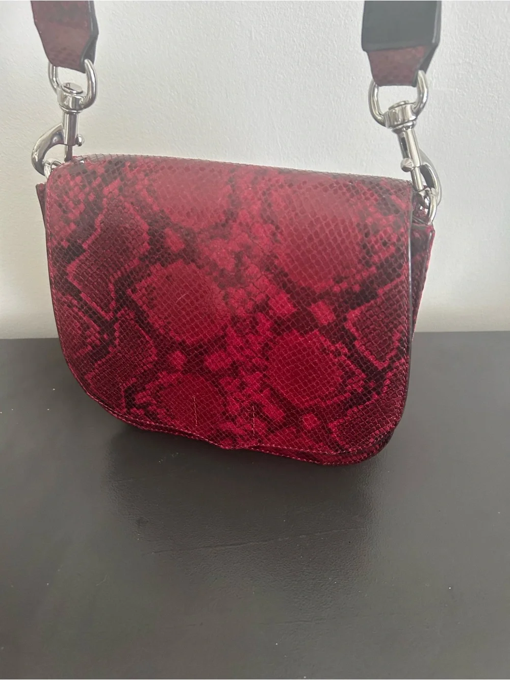 Rebecca Minkoff Red Python Embossed Leather Saddle Crossbody Snake Print Bag